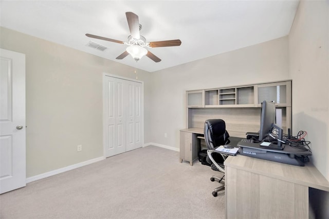 14716 Crescent Rock Dr, Wimauma, FL 33598 - office space featuring light carpet, ceiling fan, and baseboards