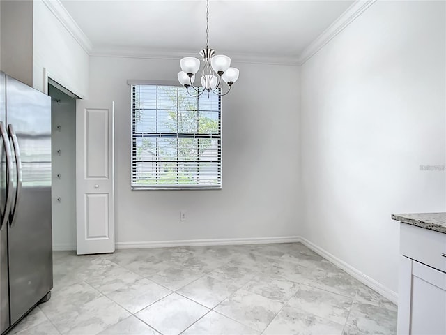 11100 Balfour St, Venice, FL 34293 - unfurnished dining area featuring crown molding, a chandelier, and baseboards