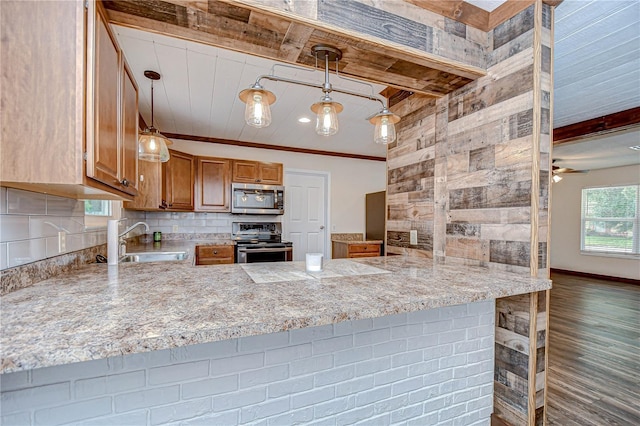 40019 Pretty Redbird Rd, Zephyrhills, FL 33540 - kitchen with appliances with stainless steel finishes, a sink, a peninsula, brown cabinetry, and backsplash