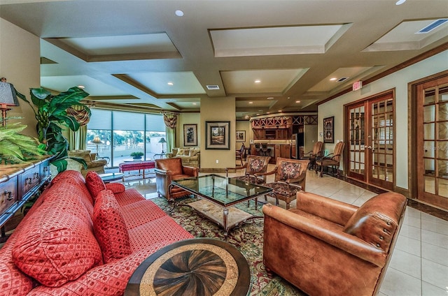 1170 Gulf Blvd Unit 1006, Clearwater Beach, FL 33767 - living area featuring coffered ceiling, tile patterned flooring, french doors, beamed ceiling, and recessed lighting