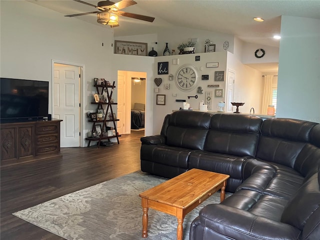 6905 Summer Harbor Ln, Riverview, FL 33578 - living area with a ceiling fan, wood finished floors, and high vaulted ceiling