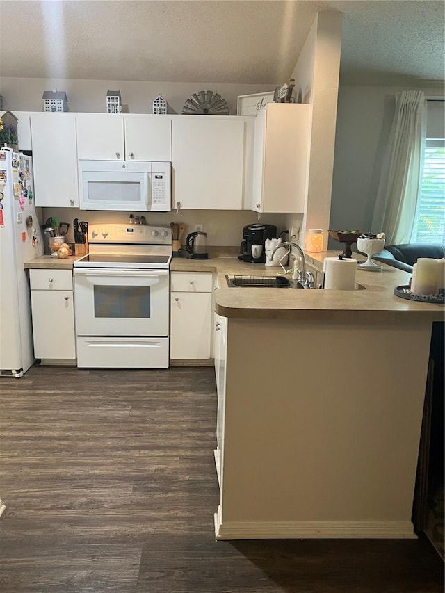 6905 Summer Harbor Ln, Riverview, FL 33578 - kitchen with white appliances, a sink, white cabinets, dark wood-type flooring, and a textured ceiling