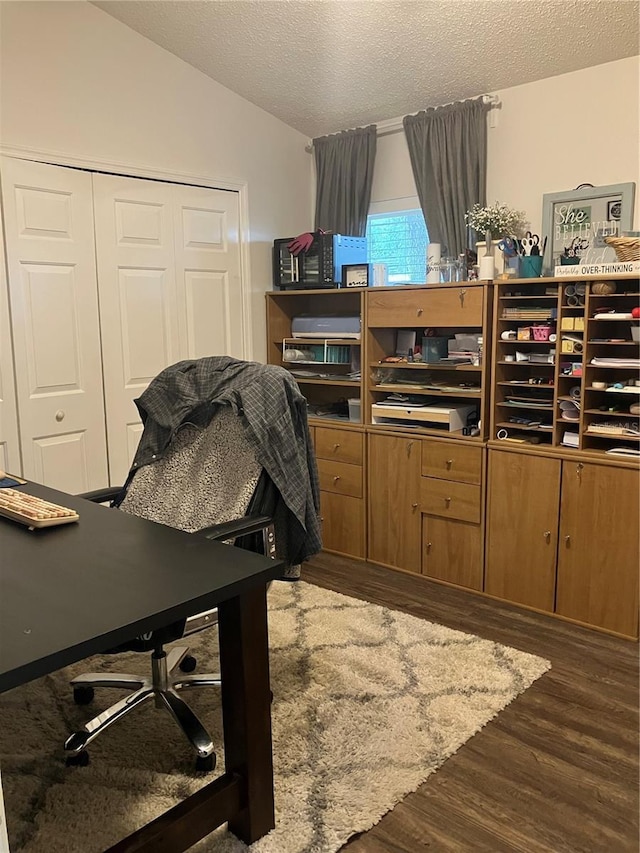 6905 Summer Harbor Ln, Riverview, FL 33578 - office featuring wood finished floors, lofted ceiling, and a textured ceiling
