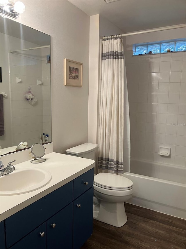 6905 Summer Harbor Ln, Riverview, FL 33578 - full bath with toilet, vanity, wood finished floors, and shower / bathtub combination with curtain