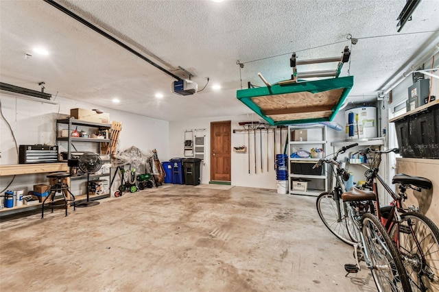 12101 Meadowbrook Ln, Hudson, FL 34667 - garage featuring a garage door opener, strapped water heater, and a workshop area