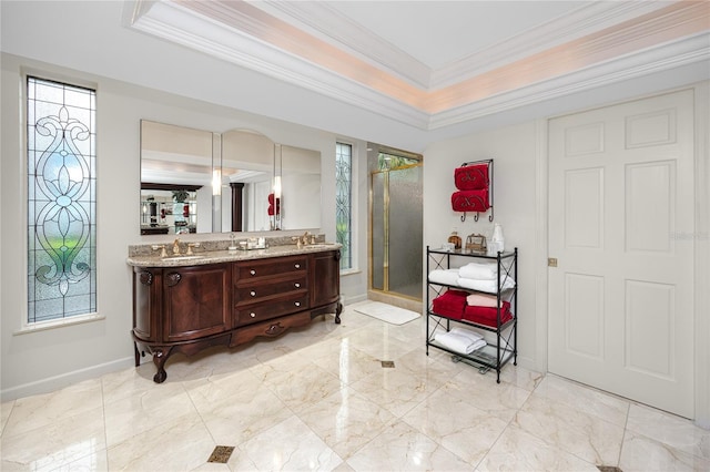 224 Harbor View Ln, Largo, FL 33770 - full bath featuring double vanity, a stall shower, marble tiled flooring, crown molding, and a tray ceiling