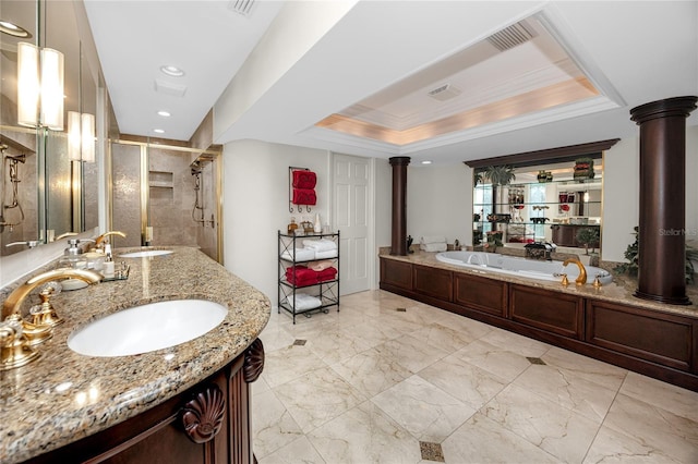 224 Harbor View Ln, Largo, FL 33770 - bathroom featuring decorative columns, a stall shower, a garden tub, marble finish flooring, and ornamental molding