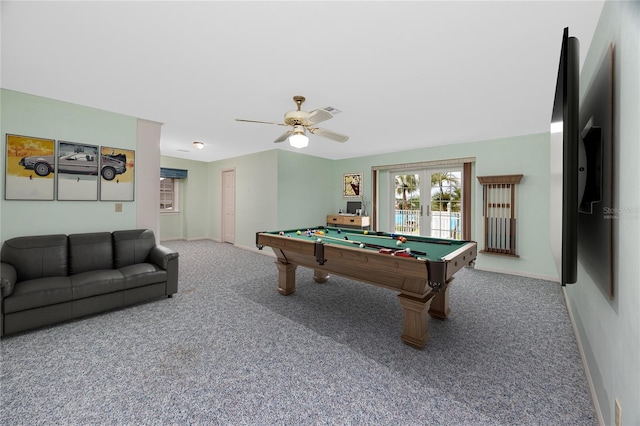 224 Harbor View Ln, Largo, FL 33770 - recreation room with carpet flooring, pool table, french doors, and a ceiling fan