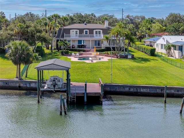 224 Harbor View Ln, Largo, FL 33770 - dock with a balcony, a water view, a patio area, and an outdoor pool