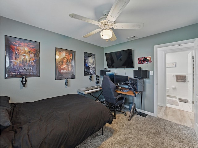 140 Morrow Cir, Brandon, FL 33510 - bedroom featuring carpet flooring, an office area, ceiling fan, connected bathroom, and baseboards