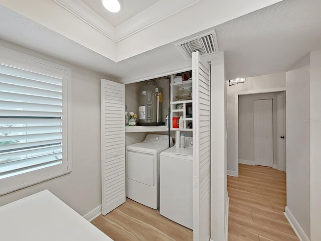 3504 Wedge Way, New Port Richey, FL 34655 - washroom with electric water heater, washer and dryer, and light wood finished floors