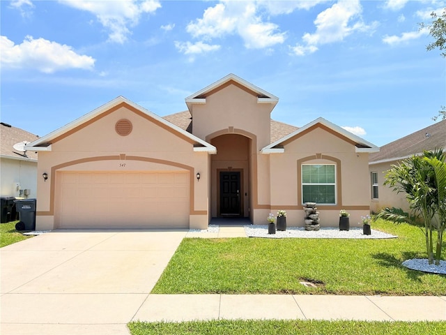 547 Sardinia Cir, Davenport, FL 33837 - mediterranean / spanish-style house featuring stucco siding, a garage, a front yard, driveway, and roof with shingles