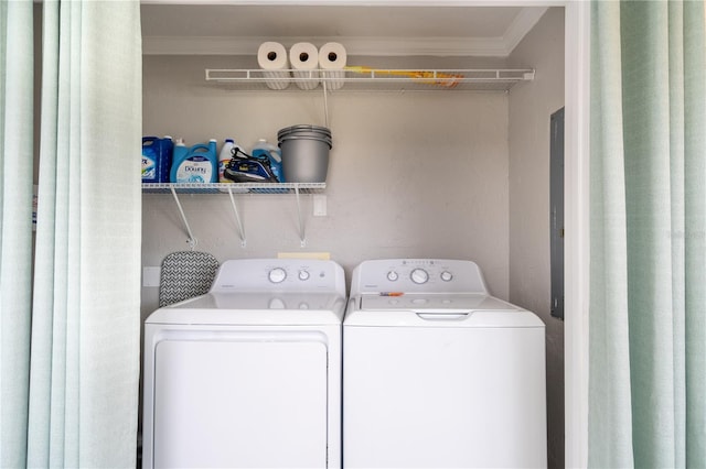 4916 Palmetto Point Dr, Palmetto, FL 34221 - laundry room featuring crown molding and washer and dryer