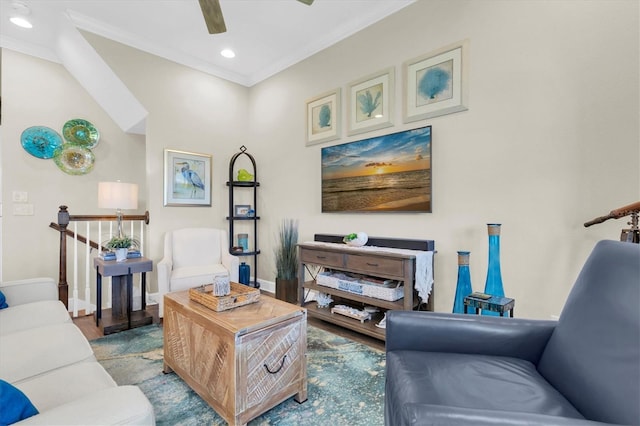 204 Haven Beach Ct, Indian Rocks Beach, FL 33785 - living area with ornamental molding, recessed lighting, wood finished floors, and a ceiling fan