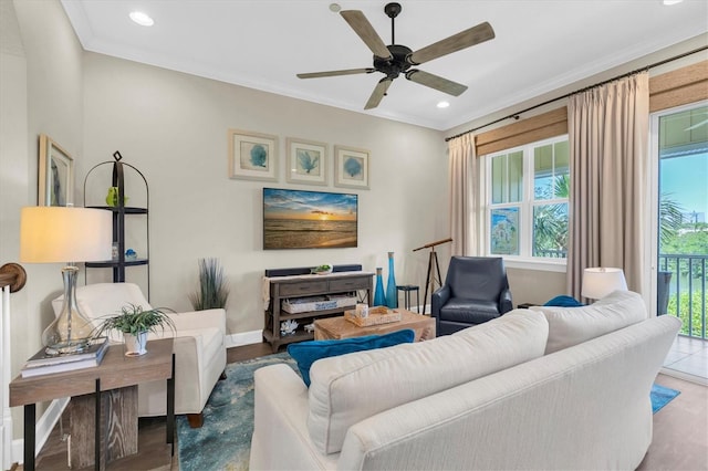 204 Haven Beach Ct, Indian Rocks Beach, FL 33785 - living area with wood finished floors, recessed lighting, ceiling fan, and crown molding