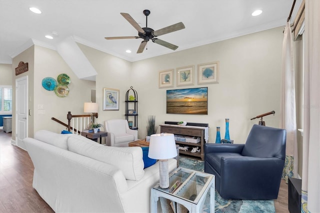 204 Haven Beach Ct, Indian Rocks Beach, FL 33785 - living room with recessed lighting, ornamental molding, ceiling fan, and wood finished floors