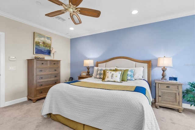 204 Haven Beach Ct, Indian Rocks Beach, FL 33785 - bedroom with light carpet, crown molding, recessed lighting, and a ceiling fan