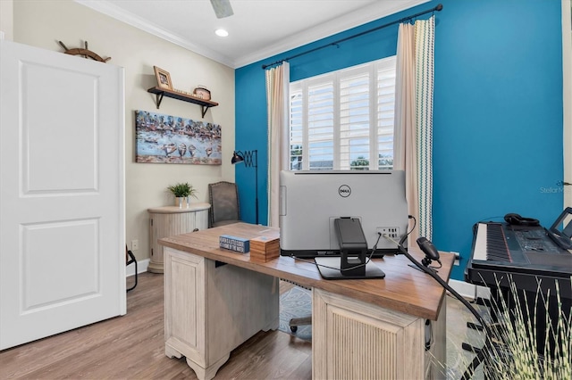 204 Haven Beach Ct, Indian Rocks Beach, FL 33785 - office with ornamental molding, light wood-type flooring, recessed lighting, and ceiling fan