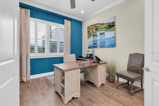 204 Haven Beach Ct, Indian Rocks Beach, FL 33785 - office space with crown molding, light wood finished floors, a ceiling fan, and recessed lighting