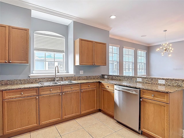 3111 W De Leon St Unit 2, Tampa, FL 33609 - kitchen featuring stainless steel dishwasher, a sink, a peninsula, light tile patterned floors, and plenty of natural light