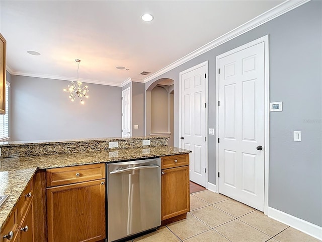 3111 W De Leon St Unit 2, Tampa, FL 33609 - kitchen featuring dishwasher, brown cabinets, arched walkways, light tile patterned floors, and crown molding