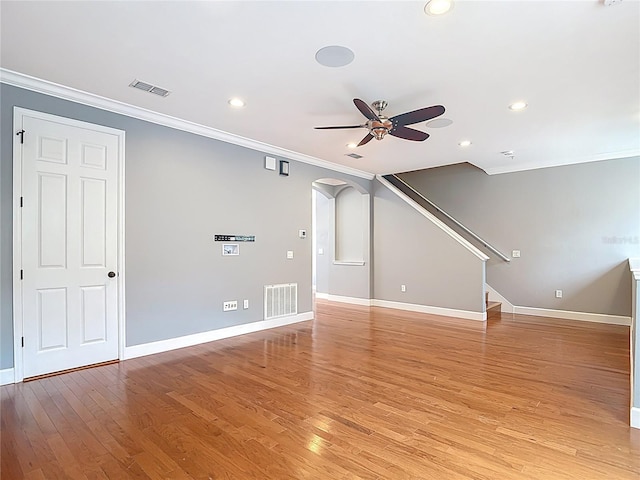 3111 W De Leon St Unit 2, Tampa, FL 33609 - unfurnished living room with ornamental molding, ceiling fan, recessed lighting, baseboards, and light wood-type flooring