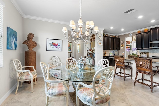 16898 Balance Cv, Land O Lakes, FL 34638 - dining area with ornamental molding, baseboards, recessed lighting, a chandelier, and light tile patterned floors