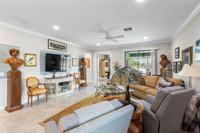 16898 Balance Cv, Land O Lakes, FL 34638 - living room with crown molding, recessed lighting, baseboards, a ceiling fan, and light tile patterned flooring