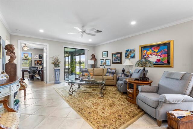 16898 Balance Cv, Land O Lakes, FL 34638 - living room featuring ceiling fan, an office area, light tile patterned flooring, recessed lighting, and ornamental molding