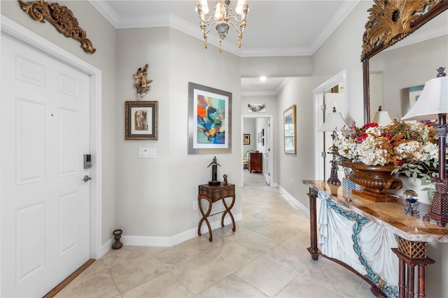 16898 Balance Cv, Land O Lakes, FL 34638 - foyer featuring a chandelier, ornamental molding, baseboards, and light tile patterned floors