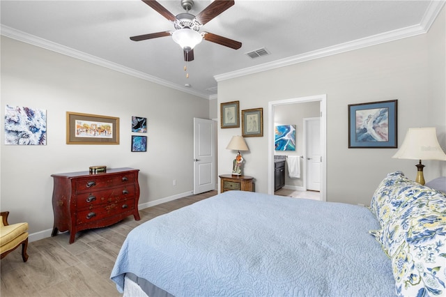 16898 Balance Cv, Land O Lakes, FL 34638 - bedroom featuring crown molding, baseboards, light wood-style flooring, ceiling fan, and ensuite bathroom