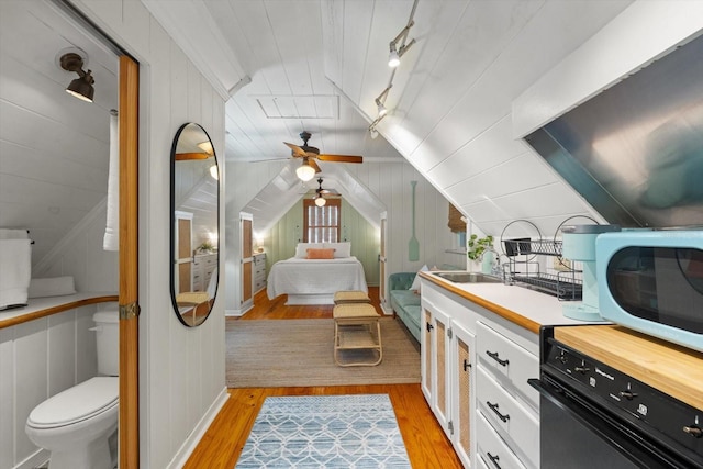 111 29th St W, Bradenton, FL 34205 - bedroom featuring light wood finished floors, vaulted ceiling, and rail lighting