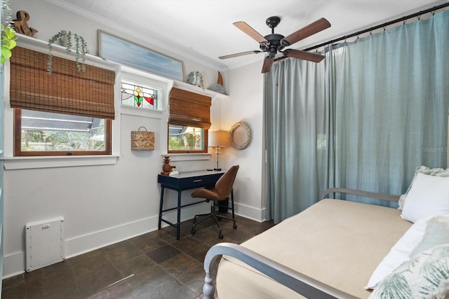 111 29th St W, Bradenton, FL 34205 - bedroom featuring crown molding, dark stone finish floors, an office area, and ceiling fan