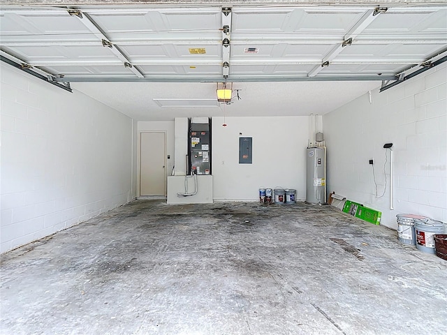5809 Silas Creek Ln, Wesley Chapel, FL 33545 - garage featuring water heater, heating unit, a garage door opener, electric panel, and concrete block wall