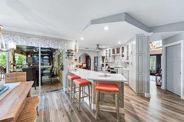 2812 SW 29th Ave, Cape Coral, FL 33914 - kitchen with appliances with stainless steel finishes, arched walkways, ceiling fan, a peninsula, and light countertops