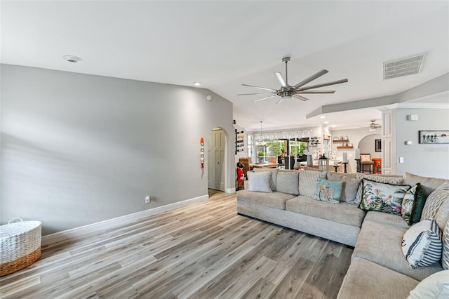 2812 SW 29th Ave, Cape Coral, FL 33914 - living area featuring ceiling fan, light wood-style flooring, baseboards, and lofted ceiling