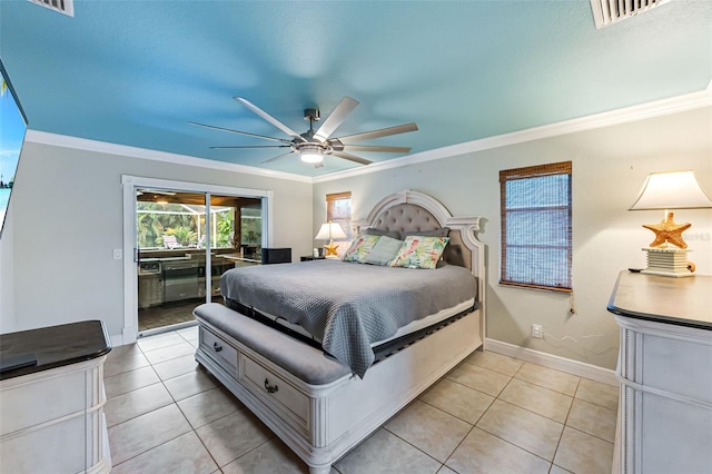 2812 SW 29th Ave, Cape Coral, FL 33914 - bedroom with crown molding, light tile patterned floors, access to exterior, baseboards, and a ceiling fan