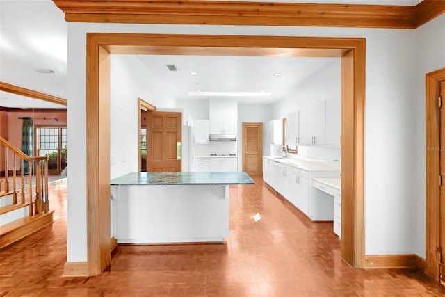 15612 Howell Park Ln, Tampa, FL 33625 - kitchen featuring white cabinets, a peninsula, under cabinet range hood, baseboards, and a sink