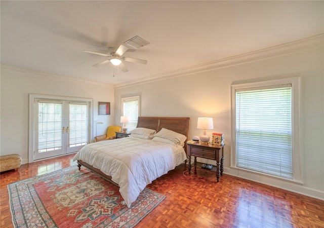 15612 Howell Park Ln, Tampa, FL 33625 - bedroom featuring crown molding, access to exterior, ceiling fan, baseboards, and french doors
