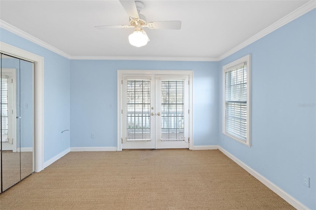 15612 Howell Park Ln, Tampa, FL 33625 - unfurnished room featuring carpet, crown molding, baseboards, french doors, and ceiling fan