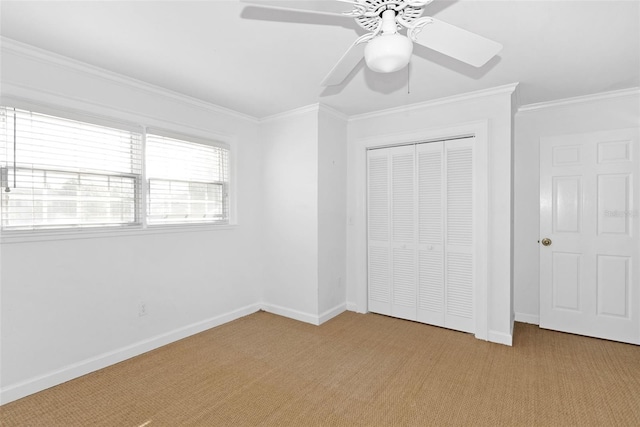 15612 Howell Park Ln, Tampa, FL 33625 - unfurnished bedroom with light carpet, ornamental molding, a closet, baseboards, and ceiling fan