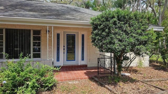 doorway to property with roof with shingles, brick siding, and covered porch