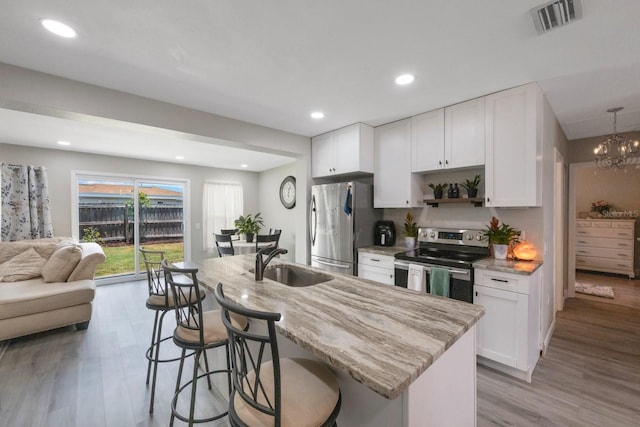 8339 75th Ave, Seminole, FL 33777 - kitchen featuring appliances with stainless steel finishes, a sink, a kitchen bar, white cabinetry, and recessed lighting