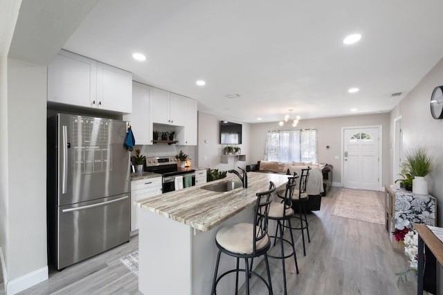 8339 75th Ave, Seminole, FL 33777 - kitchen featuring stainless steel appliances, a sink, light wood finished floors, white cabinetry, and a kitchen breakfast bar