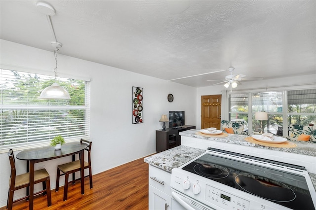 4154 56th St N Unit 720, Kenneth City, FL 33709 - kitchen featuring white electric range oven, wood finished floors, a ceiling fan, healthy amount of natural light, and a textured ceiling