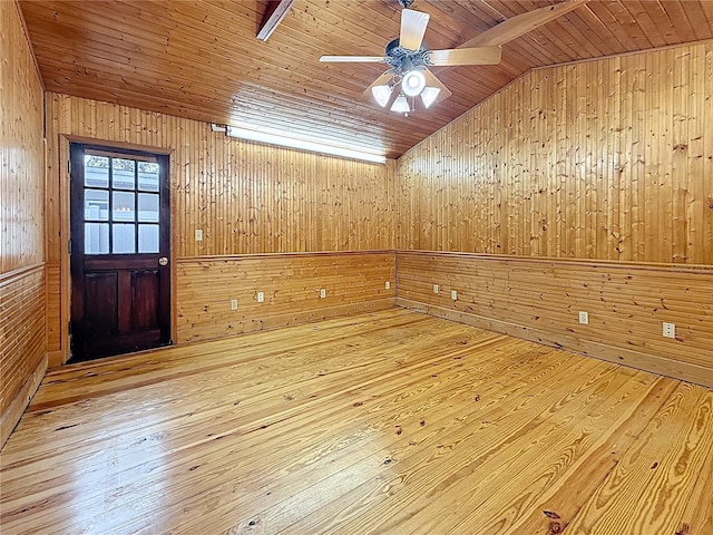 1737 Prince Philip St, Clearwater, FL 33755 - empty room with wood walls, wood ceiling, lofted ceiling, hardwood / wood-style flooring, and ceiling fan