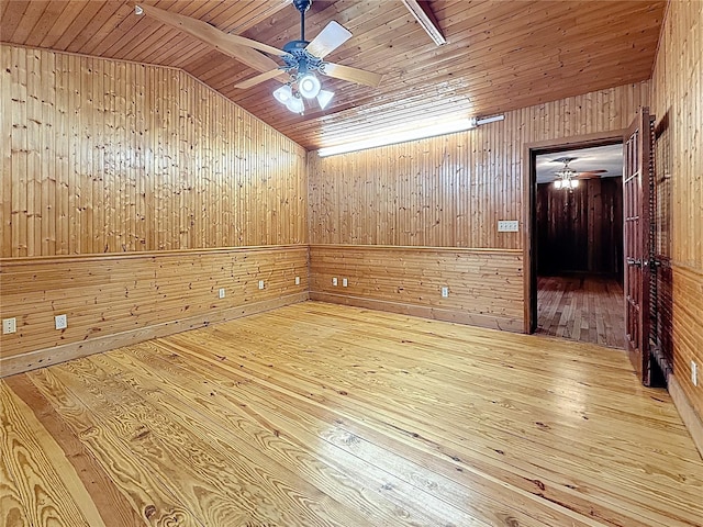 1737 Prince Philip St, Clearwater, FL 33755 - spare room with wood walls, wooden ceiling, lofted ceiling, ceiling fan, and hardwood / wood-style floors