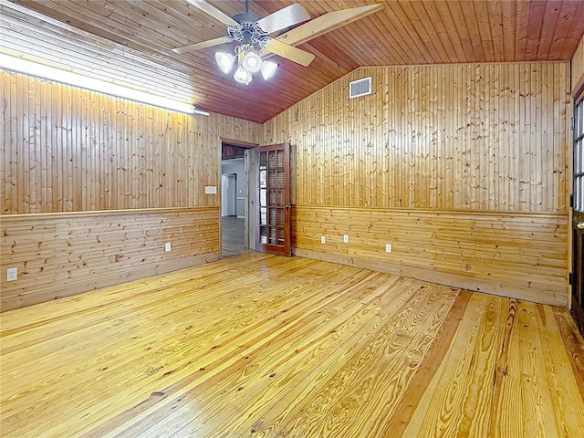 1737 Prince Philip St, Clearwater, FL 33755 - empty room with wooden walls, lofted ceiling, ceiling fan, hardwood / wood-style floors, and wood ceiling