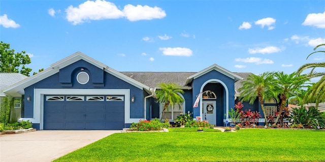 28390 Openfield Loop, Wesley Chapel, FL 33543 - ranch-style home with stucco siding, driveway, a garage, and a front yard