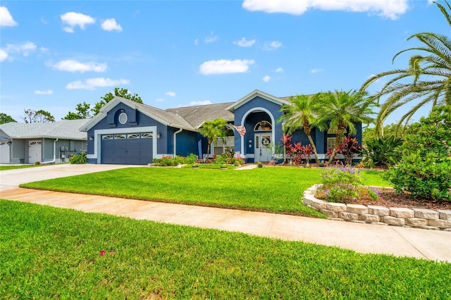 28390 Openfield Loop, Wesley Chapel, FL 33543 - ranch-style house with stucco siding, a garage, a front yard, and concrete driveway